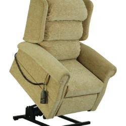 Beige riser recliner chair with a remote control attached.