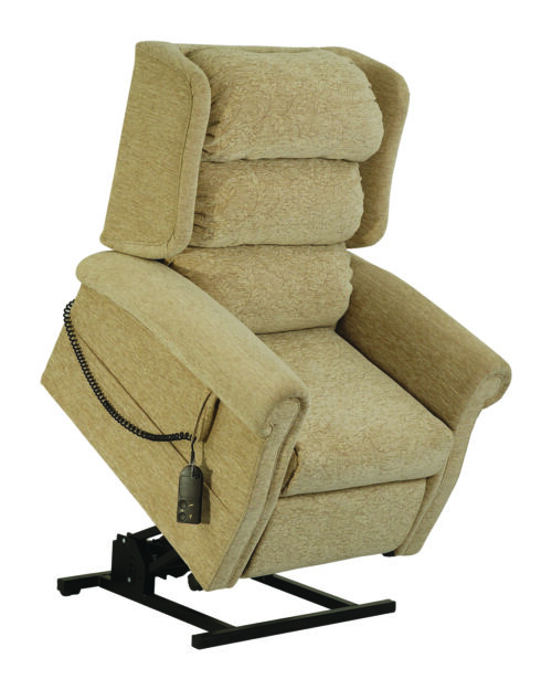 Beige riser recliner chair with a remote control attached.