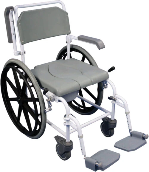 Self propelled shower commode chair with large wheels and footrests.
