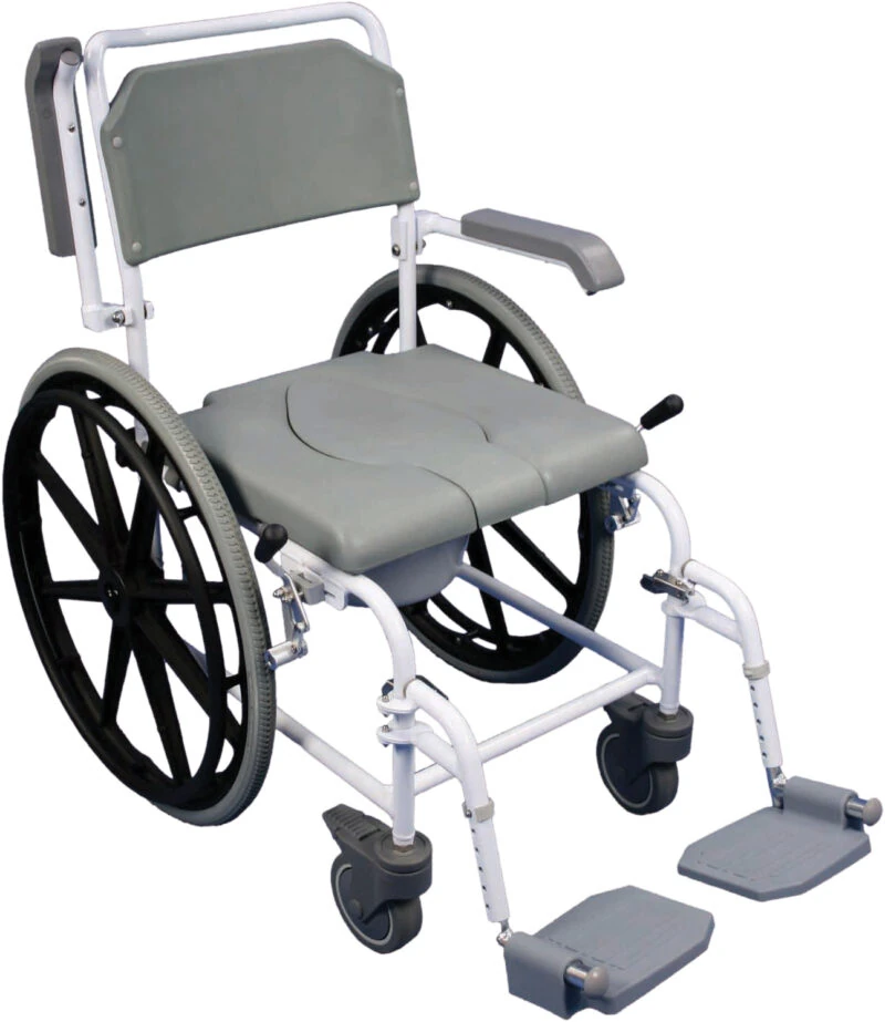 Self propelled shower commode chair with large wheels and footrests.