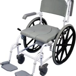 Self propelled shower commode chair with large wheels and gray seat.