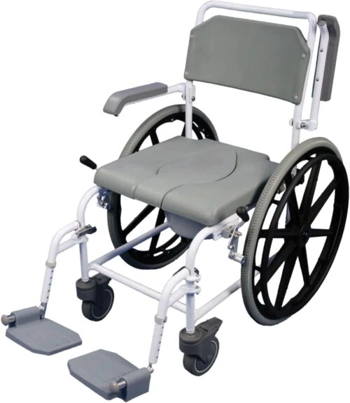 Self propelled shower commode chair with large wheels and gray seat.