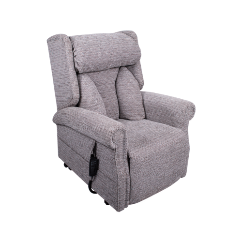 Gray fabric recliner chair with a remote control.