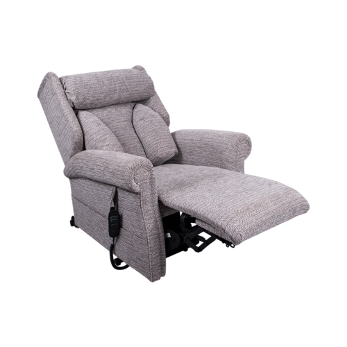 Gray fabric recliner chair in a semi-reclined position.