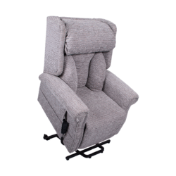 Gray fabric riser recliner chair with remote control.