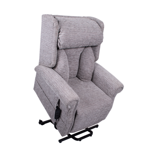 Gray fabric riser recliner chair with remote control.