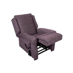 Purple reclining chair with extended footrest and control remote.