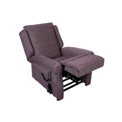 Purple reclining chair with extended footrest and control remote.