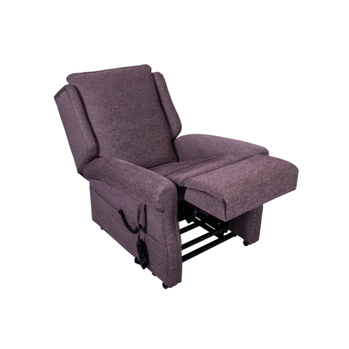 Purple reclining chair with extended footrest and control remote.