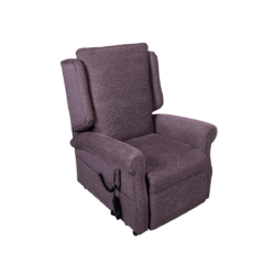 Purple fabric riser recliner chair with armrests and a remote control.