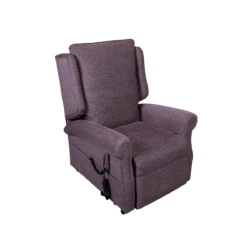 Purple fabric riser recliner chair with armrests and a remote control.