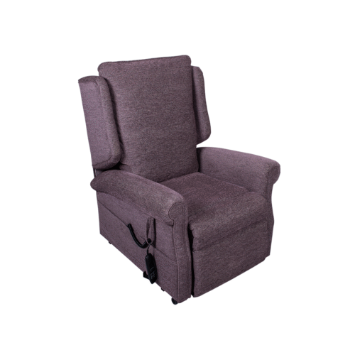 Purple fabric riser recliner chair with armrests and a remote control.