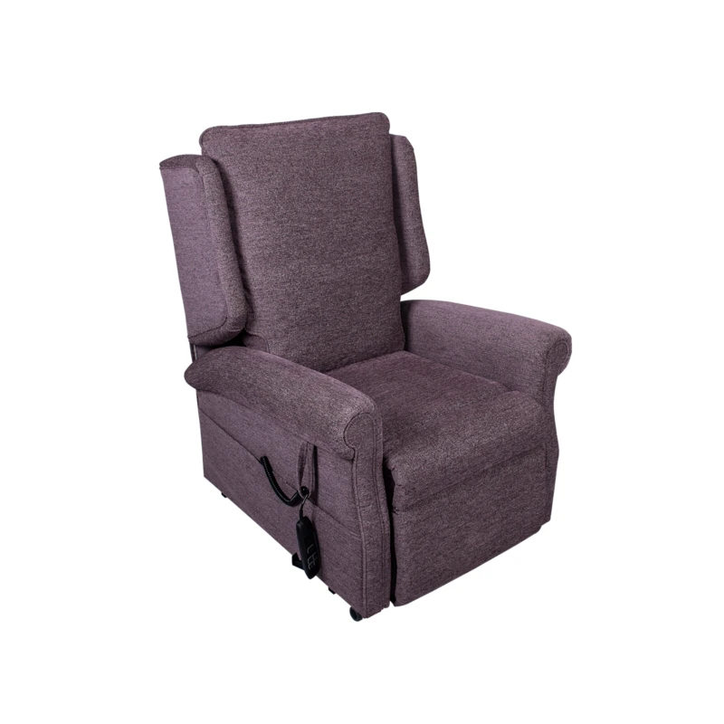 Purple fabric riser recliner chair with armrests and a remote control.