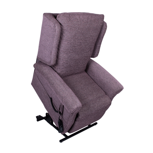 Purple riser recliner chair in upright position with visible control remote.