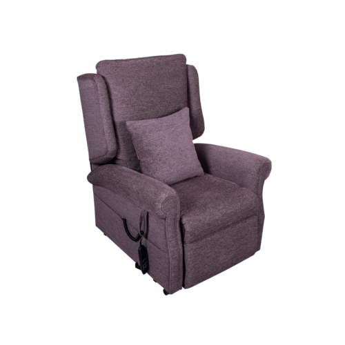 Purple riser recliner chair with a matching cushion.