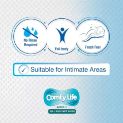 Comfy Life Adult Full Body Wet Wipes packaging with no rinse required, full body, fresh feel, suitable for intimate areas.