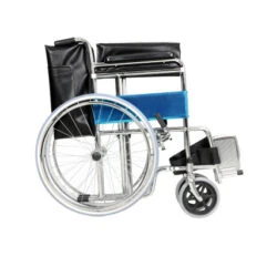Side view of a folded steel wheelchair with blue seat and black footrests.