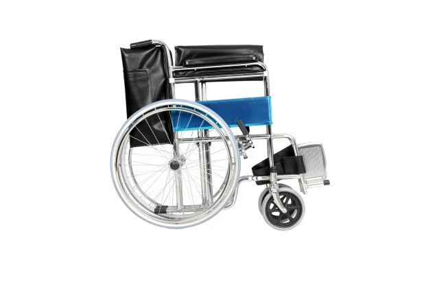 Side view of a folded steel wheelchair with blue seat and black footrests.