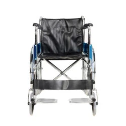 Front view of a steel folding wheelchair with flip up foot rests.