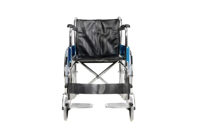 Front view of a steel folding wheelchair with flip up foot rests.
