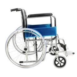 Side view of a blue steel self-propelled folding wheelchair.