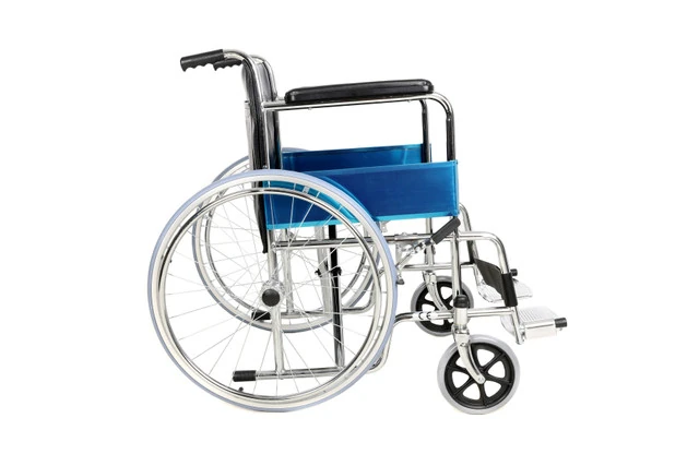 Side view of a blue steel self-propelled folding wheelchair.