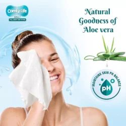 Woman using a large cleansing wipe on her face with aloe vera and pH balance graphics.