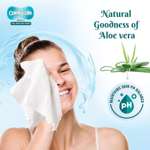 Woman using a large cleansing wipe on her face with aloe vera and pH balance graphics.