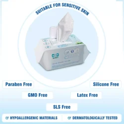 Open package of large body cleansing wipes with visible wipe, labeled suitable for sensitive skin.