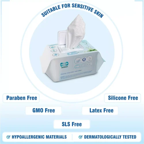 Open package of large body cleansing wipes with visible wipe, labeled suitable for sensitive skin.