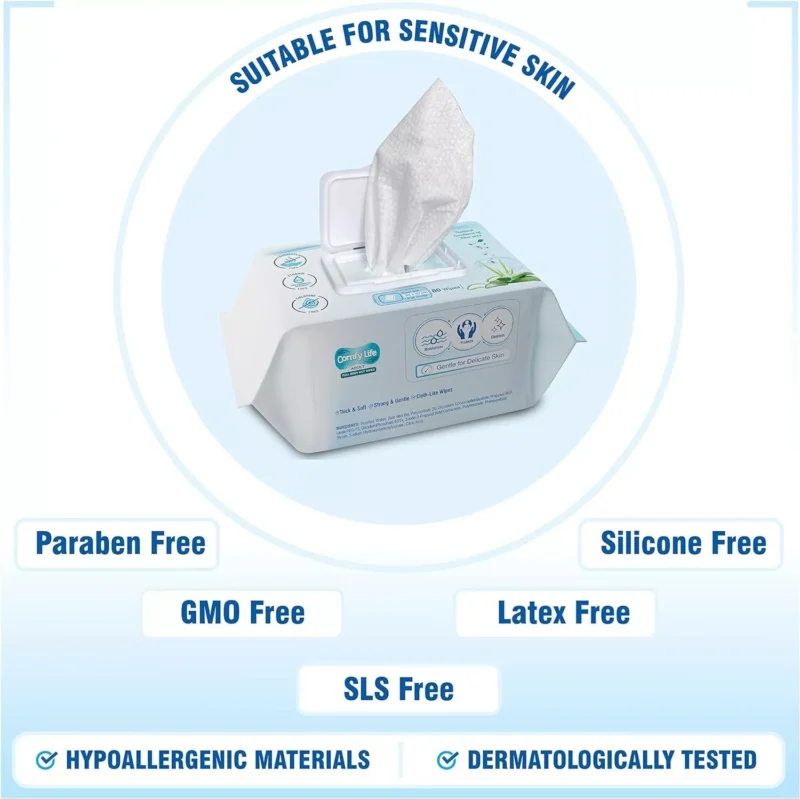 Open package of large body cleansing wipes with visible wipe, labeled suitable for sensitive skin.