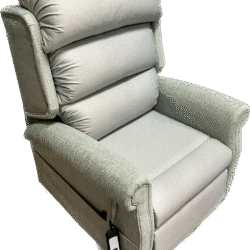 Light gray riser recliner chair with remote control.