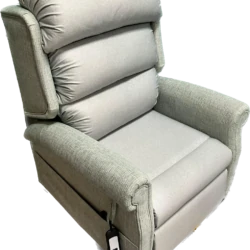 Light gray riser recliner chair with remote control.