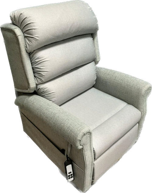 Light gray riser recliner chair with remote control.