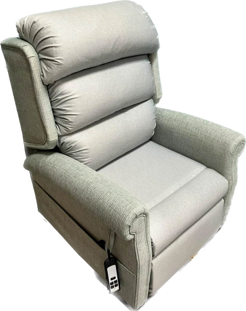Light gray riser recliner chair with remote control.
