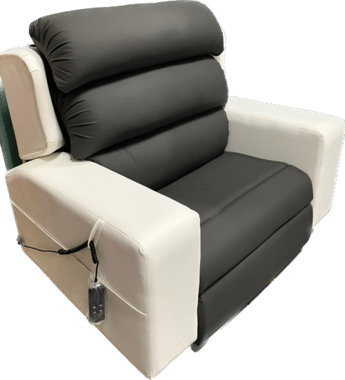 Black and white custom riser recliner chair with remote control.