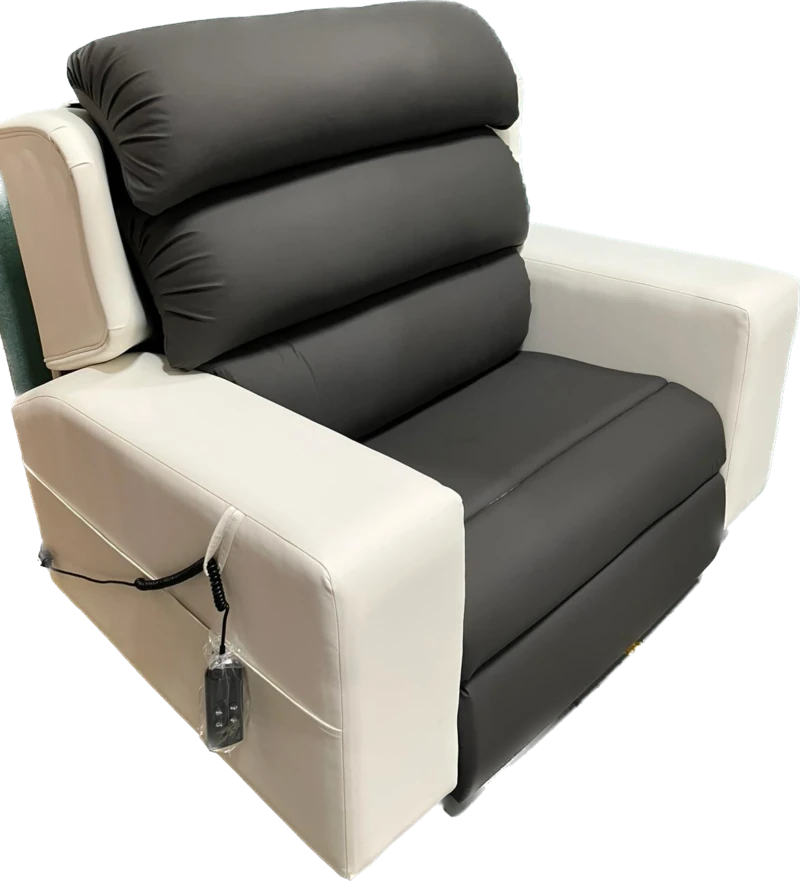 Black and white custom riser recliner chair with remote control.