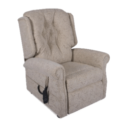 Beige patterned riser recliner chair with remote control.