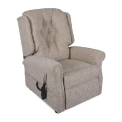 Beige patterned riser recliner chair with remote control.