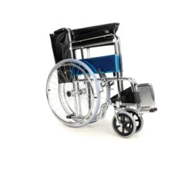 Folding steel wheelchair with blue seat and flip up foot rests.