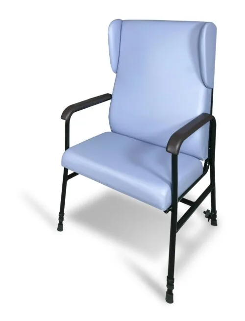 Blue high back armchair with black armrests and adjustable legs.