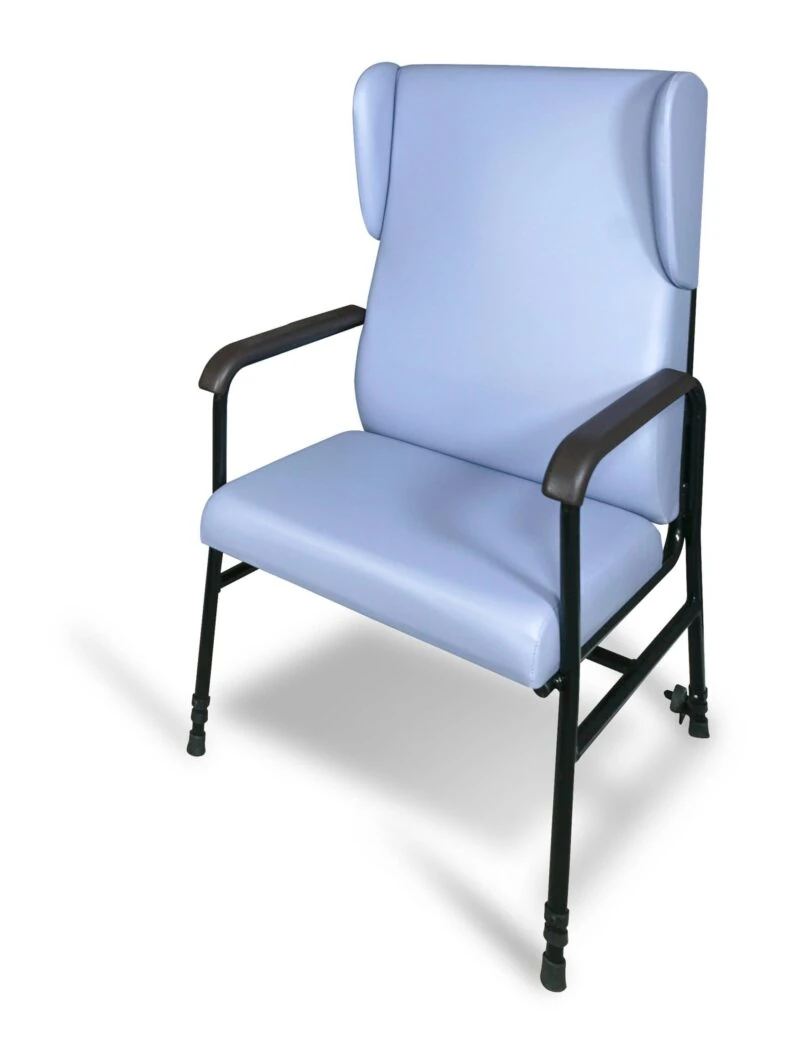 Blue high back armchair with black armrests and adjustable legs.
