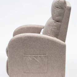 Side view of a beige recliner chair with side pocket.
