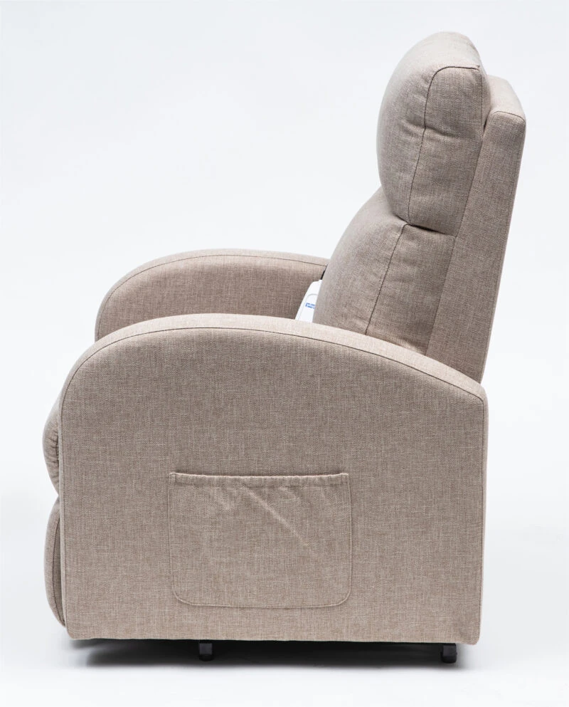 Side view of a beige recliner chair with side pocket.