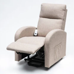 Oat-colored rise and recline chair with extended footrest and remote.