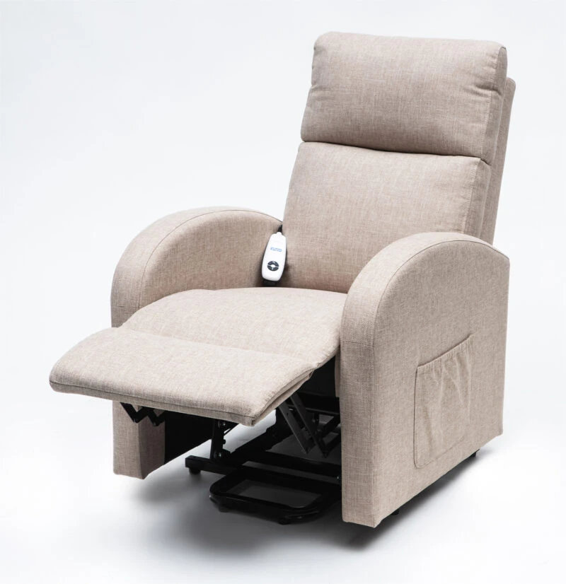 Oat-colored rise and recline chair with extended footrest and remote.