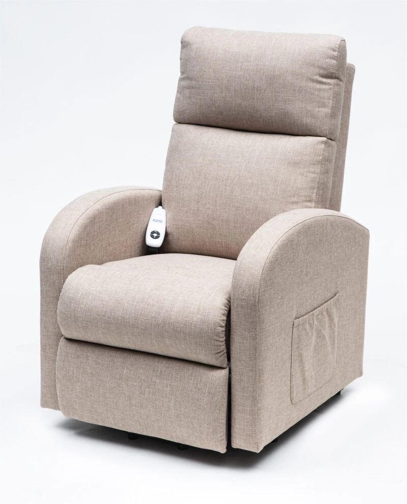Oat-colored rise and recline chair with remote and side pocket.