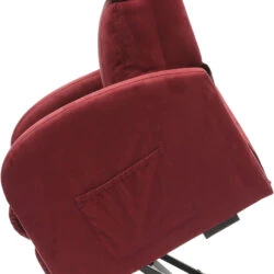 Side view of a wine colored recliner chair in a raised position.