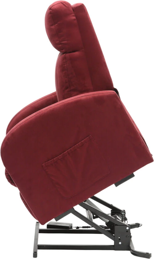 Side view of a wine colored recliner chair in a raised position.