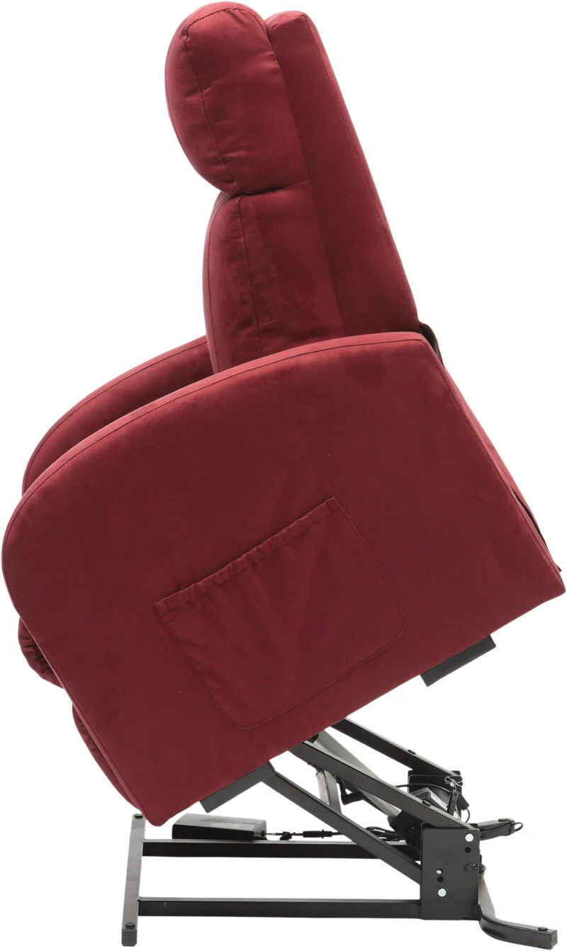 Side view of a wine colored recliner chair in a raised position.